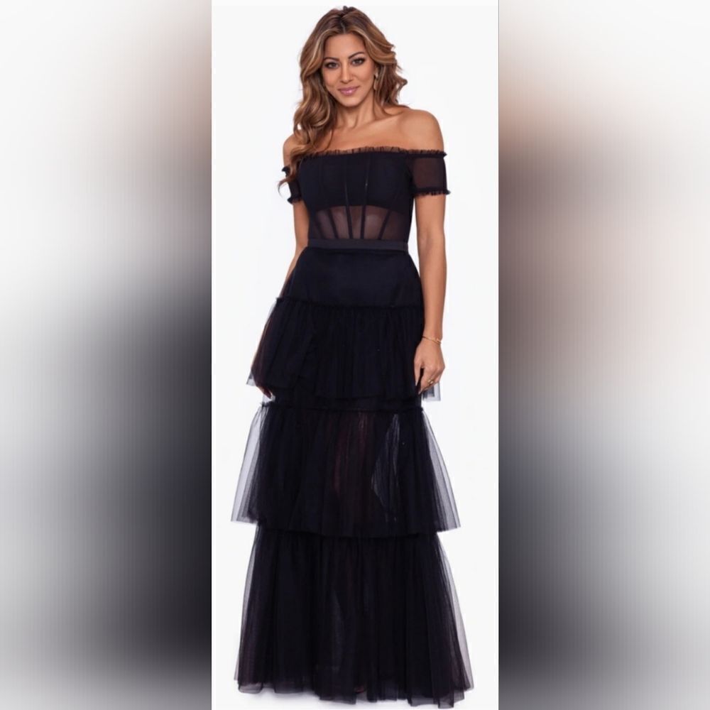 Betsy & Adam KAI" OFF THE SHOULDER TIERED MESH BALL GOWN NWT size 2 black